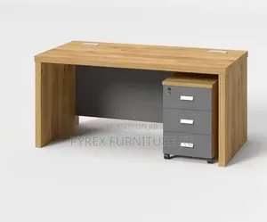 Modern Wood Grain Executive Desk With Rolling Filing Cabinet
