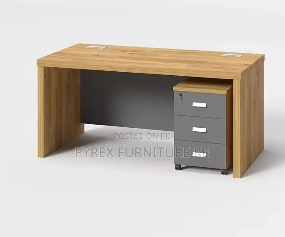 Modern Wood Grain Executive Desk With Rolling Filing Cabinet