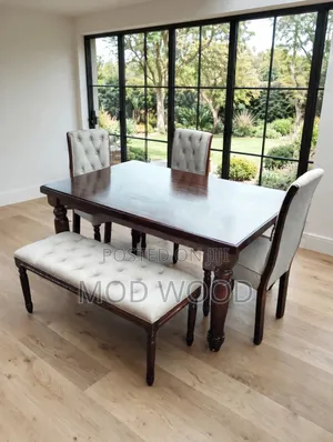 Artisan Dark Walnut Tufted Dining Set With Upholstered Bench