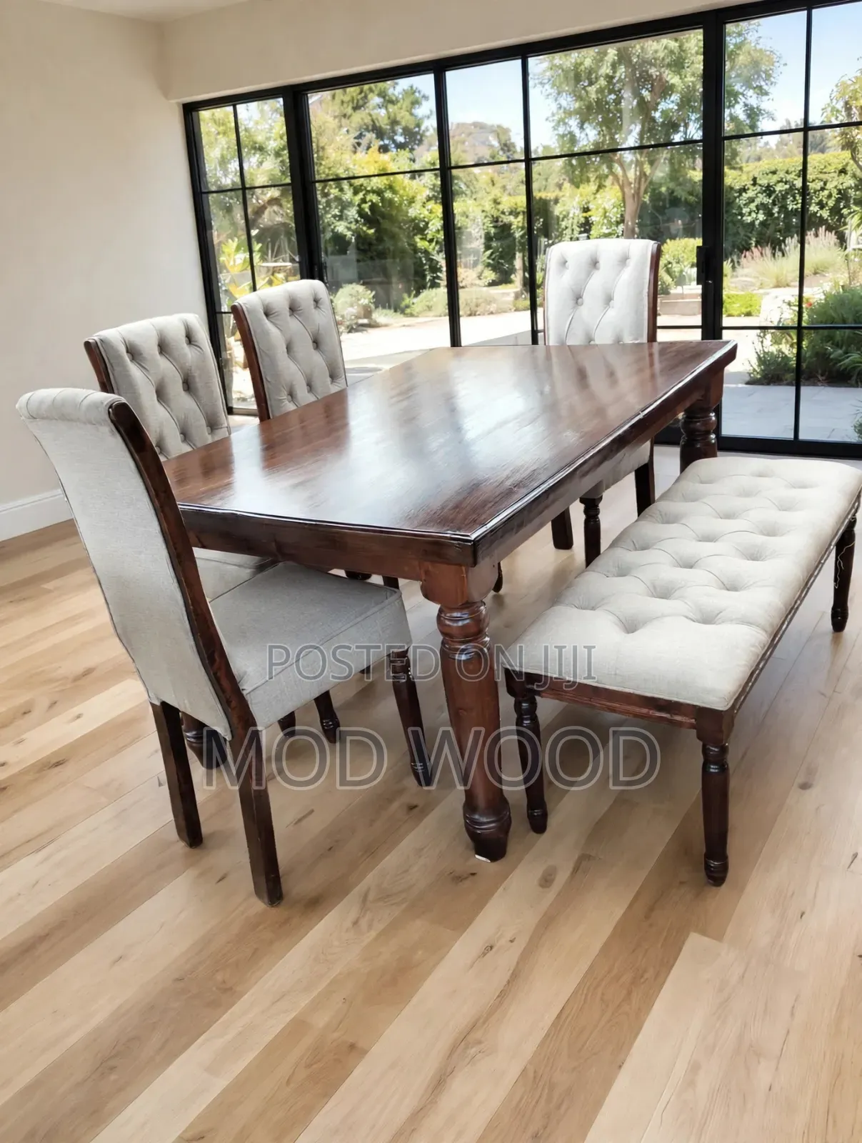 Artisan Dark Walnut Tufted Dining Set With Upholstered Bench