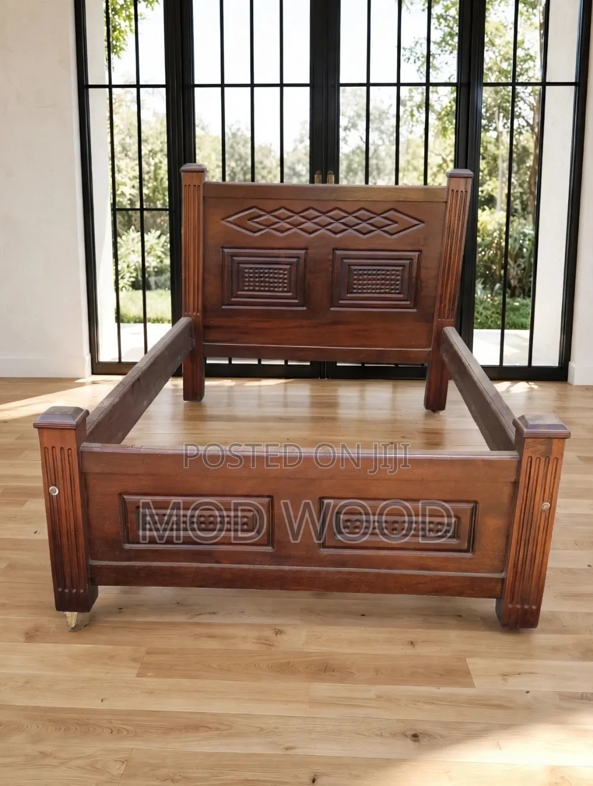 Artisan Carved Dark Cherry-Walnut 4*6ft Solid Wood Bed Frame