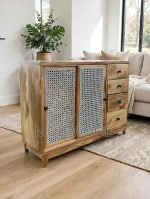 Handcrafted Wooden Cabinet With Rattan Mesh Sliding Door