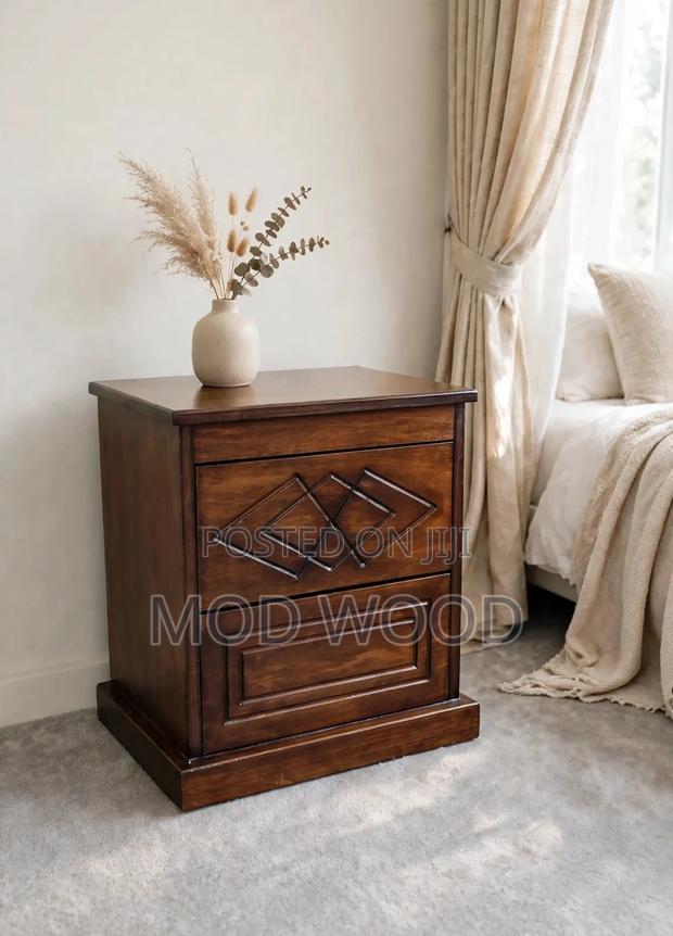 Handcrafted Wooden Bedside Nightstand With Geometric Carvings