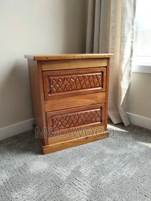 Handcrafted Wooden Bedside Nightstand With Lattice Carvings