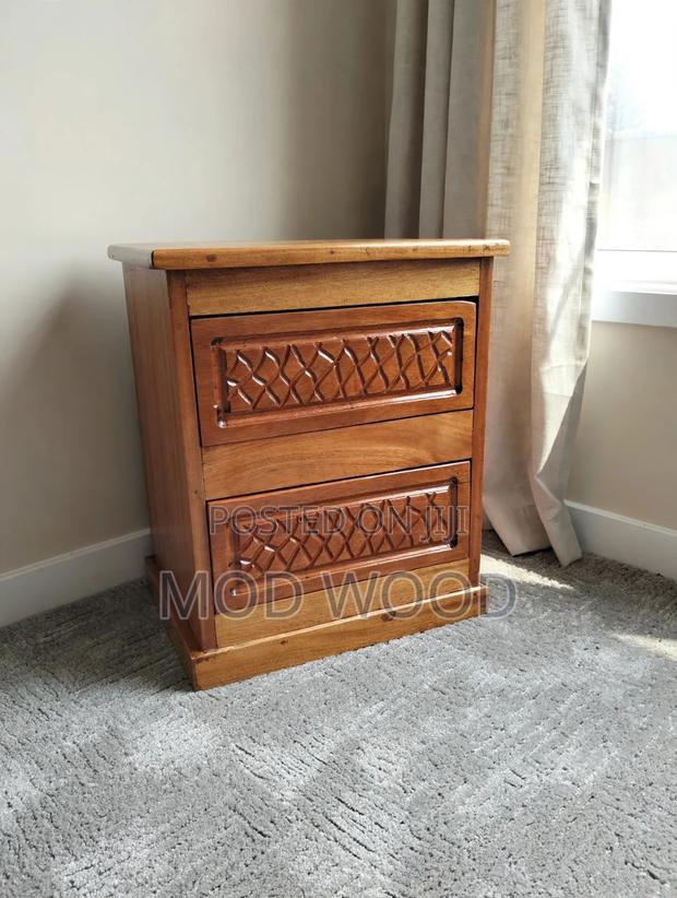 Handcrafted Wooden Bedside Nightstand With Lattice Carvings