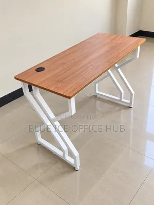 Brown Wooden Office Desk With White Metal Frame