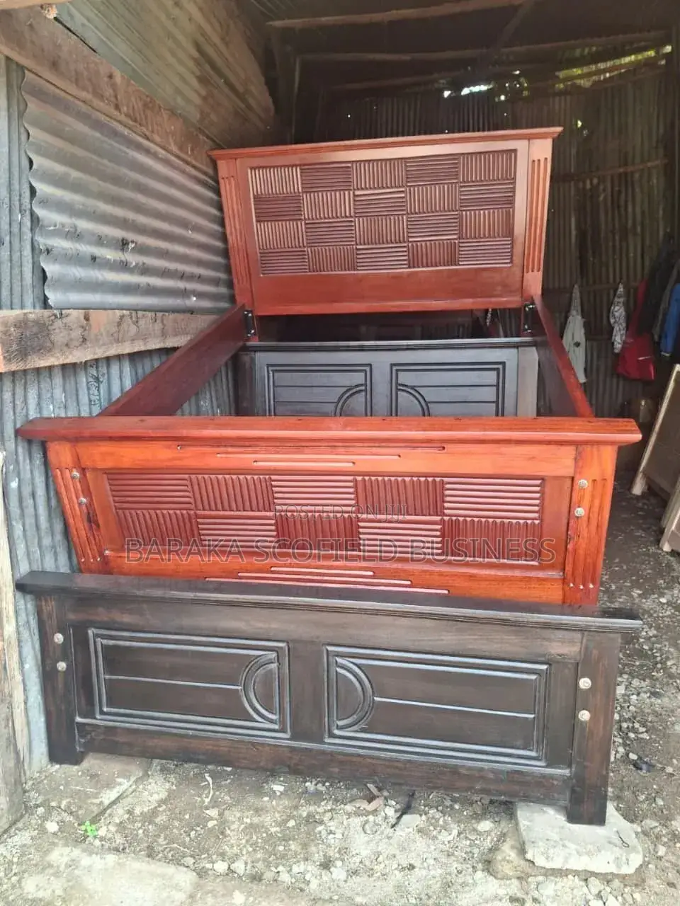 Dark-Stained Solid Wood Bed Frame, Resembling a Custom-Made Hardwood