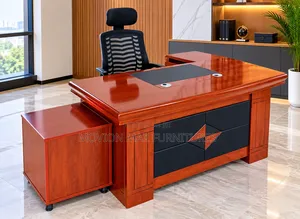 Executive Mahogany Office Desk With Black Front Panels / Side Cabinet