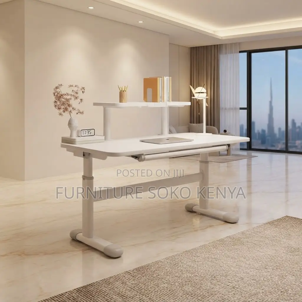 Office Desk; White Manual Adjustable Standing Desk With Hidden Drawer