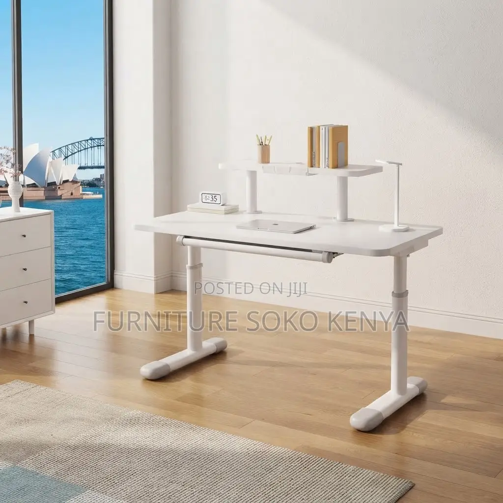 Office Desk; White Manual Adjustable Standing Desk With Hidden Drawer