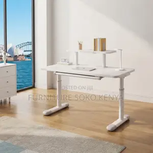 Office Desk; White Manual Adjustable Standing Desk With Hidden Drawer