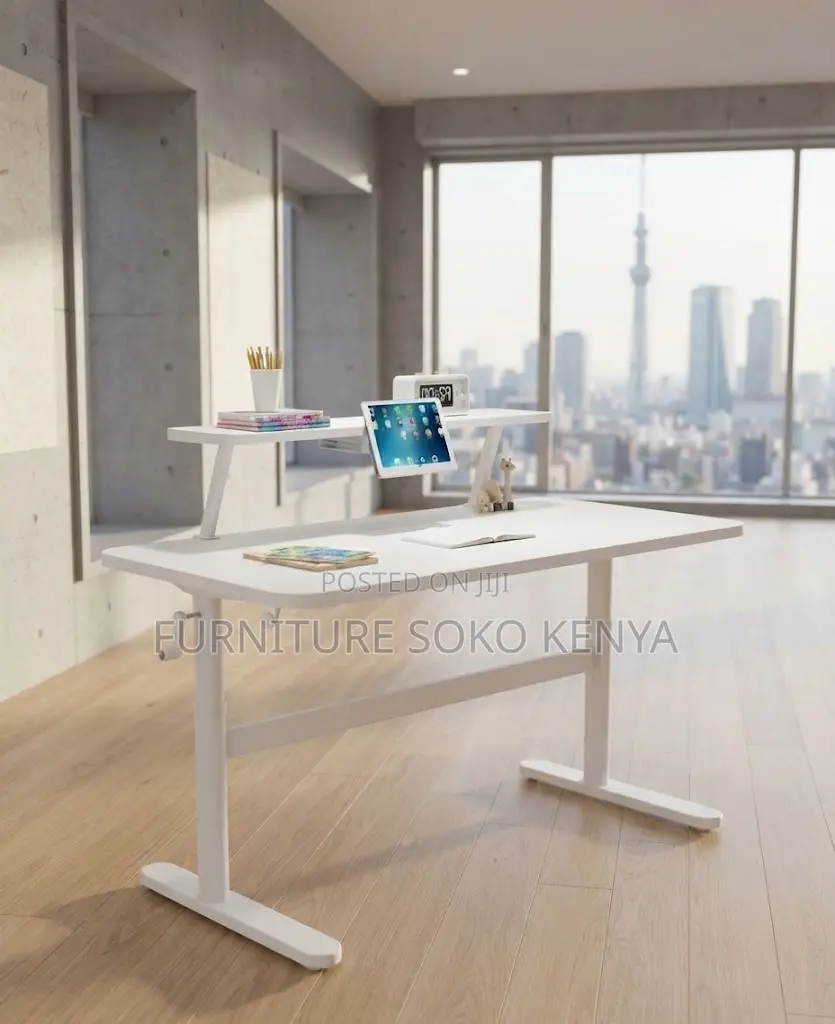 Office Desk; White Manual Adjustable Standing Desk With Hidden Drawer