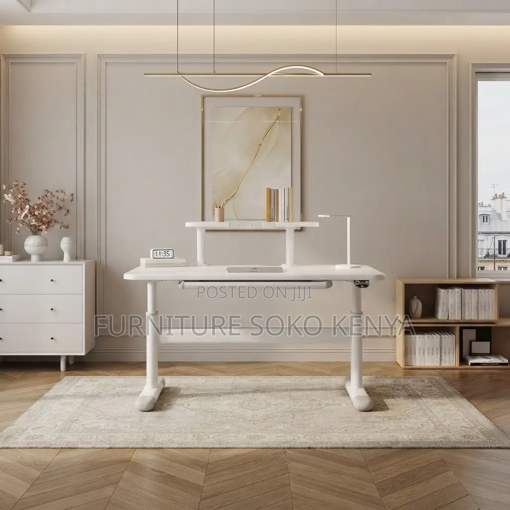 Office Desk; White Manual Adjustable Standing Desk With Hidden Drawer
