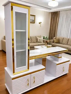 Modern Executive TV Stand With Marble Coating and Shelf Cabinet