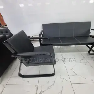 Reception Sofa : Black Leatherette 5-Seater Guest Armchair Set