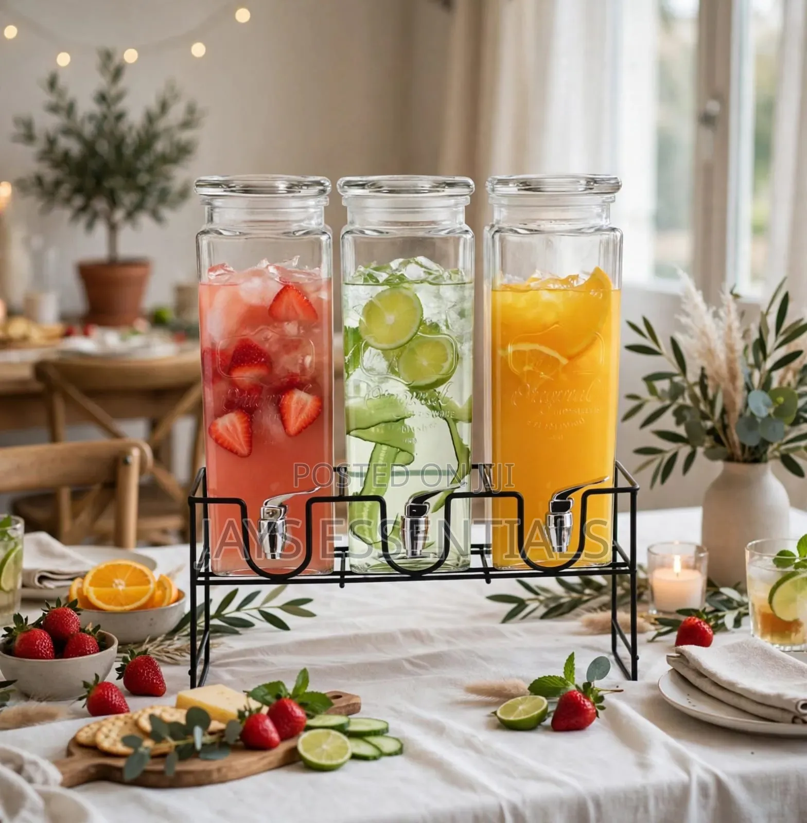 3pc Glass Juice Dispenser Set With Metallic Stand