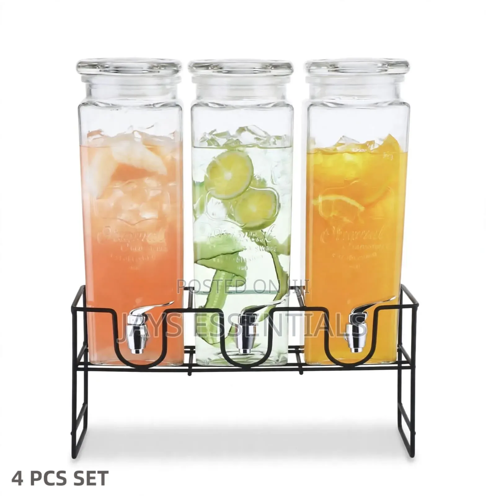 3pc Glass Juice Dispenser Set With Metallic Stand