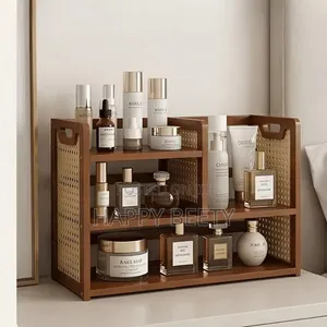 *Multi-Tier Wooden Desktop Organizer With Woven Rattan Side Panels*