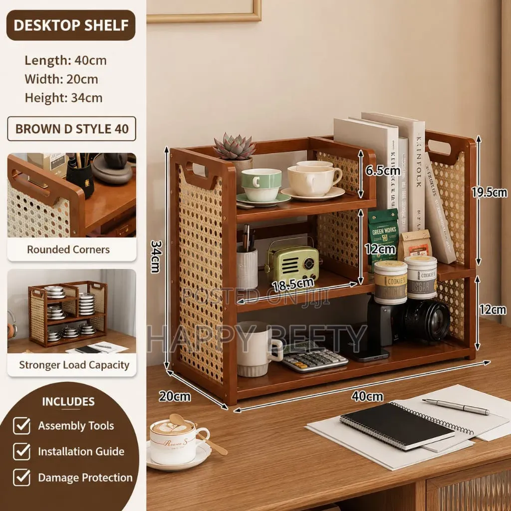 *Multi-Tier Wooden Desktop Organizer With Woven Rattan Side Panels*