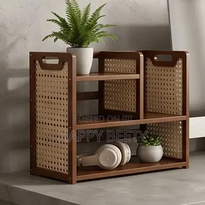 *Multi-Tier Wooden Desktop Organizer With Woven Rattan Side Panels*
