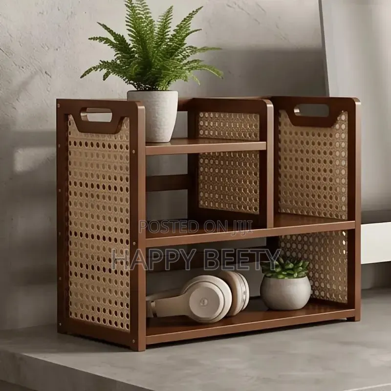 *Multi-Tier Wooden Desktop Organizer With Woven Rattan Side Panels*