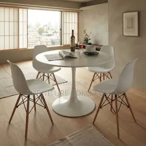 Dining Set; Four Seaters Round White Marble Eames Dining Set