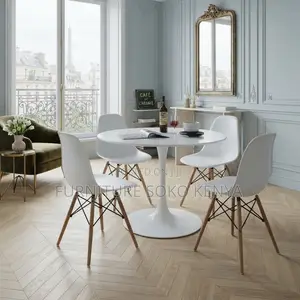 Dining Set; Four Seaters Round White Marble Eames Dining Set
