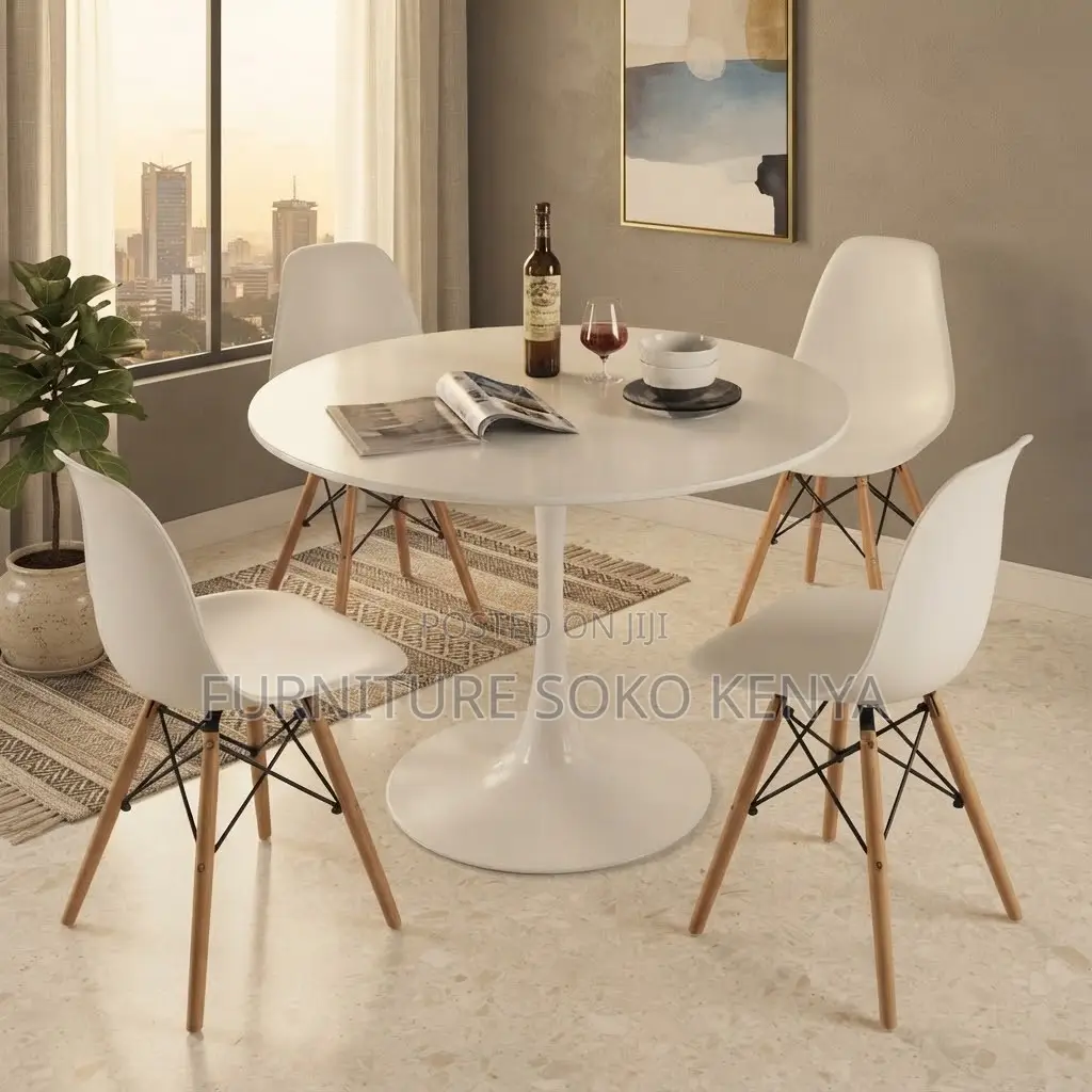 Dining Set; Four Seaters Round White Marble Eames Dining Set