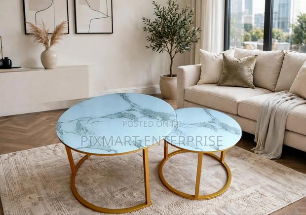 Modern Nesting Coffee Tables Marble Top Gold Frame Set - main view