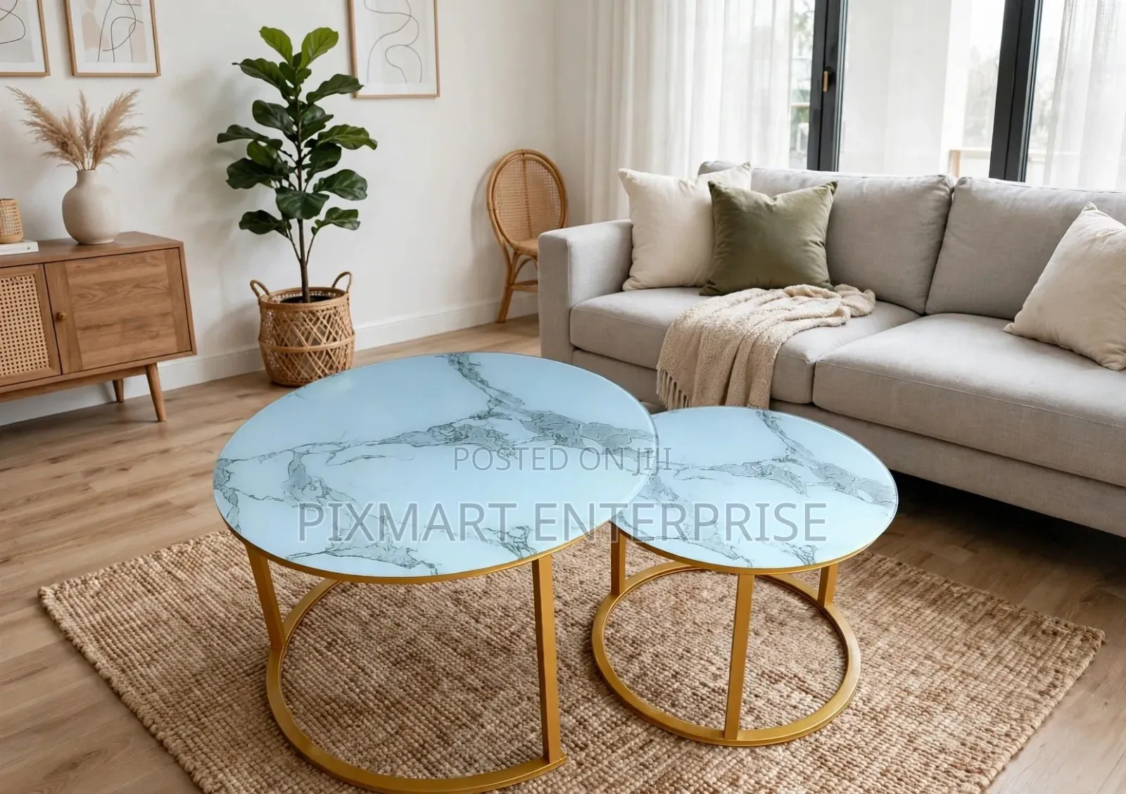 Modern Nesting Coffee Tables Marble Top Gold Frame Set