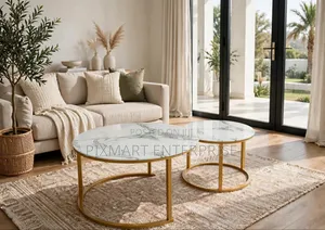 2 Piece Round Coffee Table Set White Marble Top Gold Legs