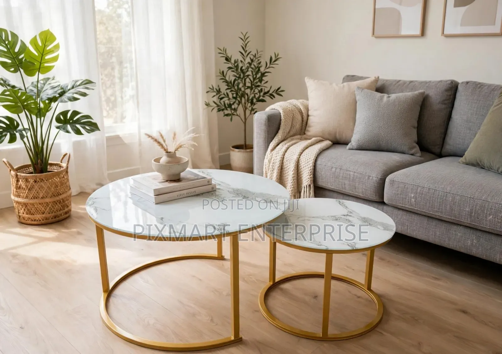 2 Piece Round Coffee Table Set White Marble Top Gold Legs