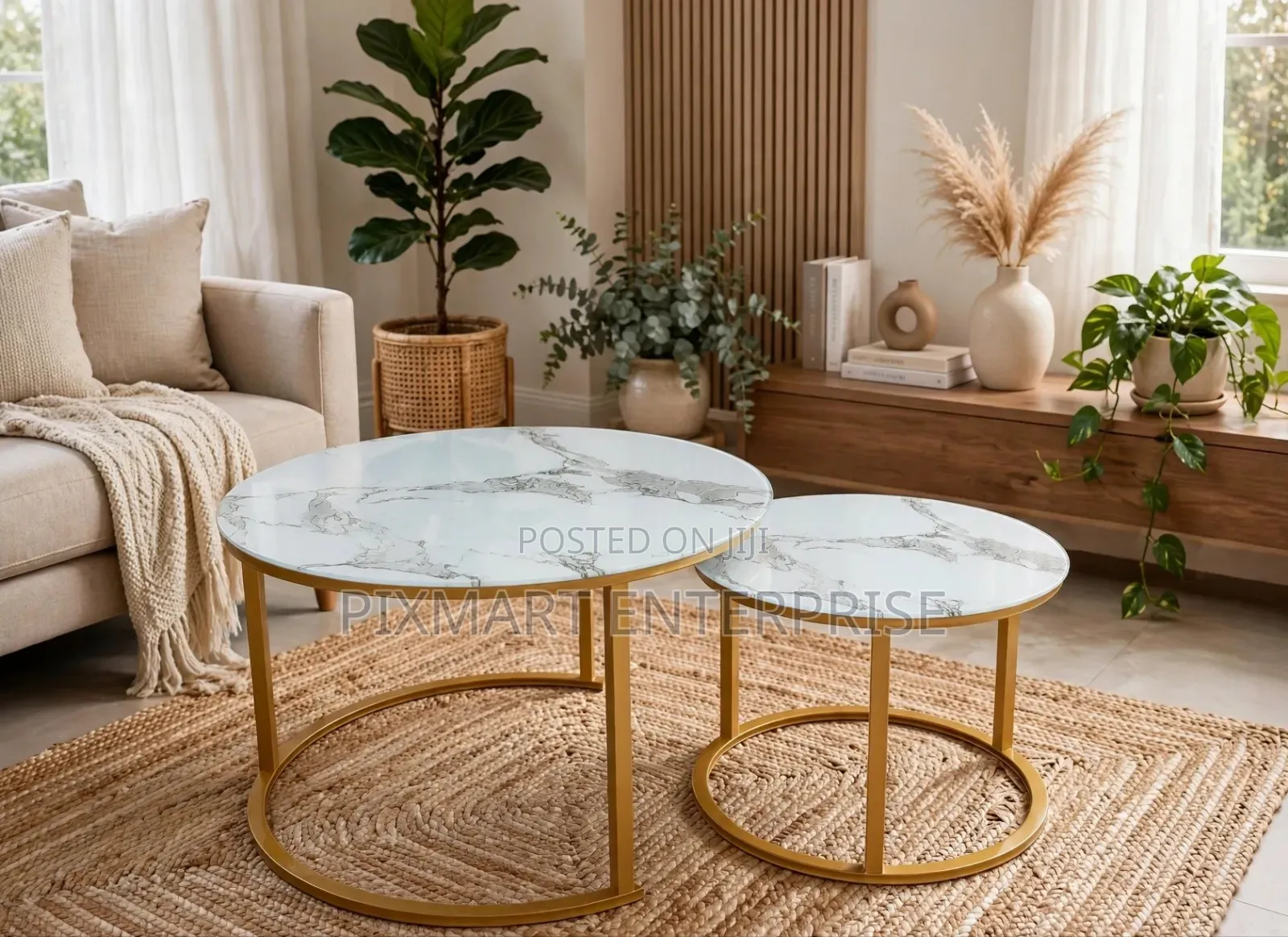 Round Marble Effect Coffee Tables With Gold Metal Base 2 PCS