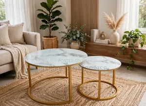 Round Marble Effect Coffee Tables With Gold Metal Base 2 PCS