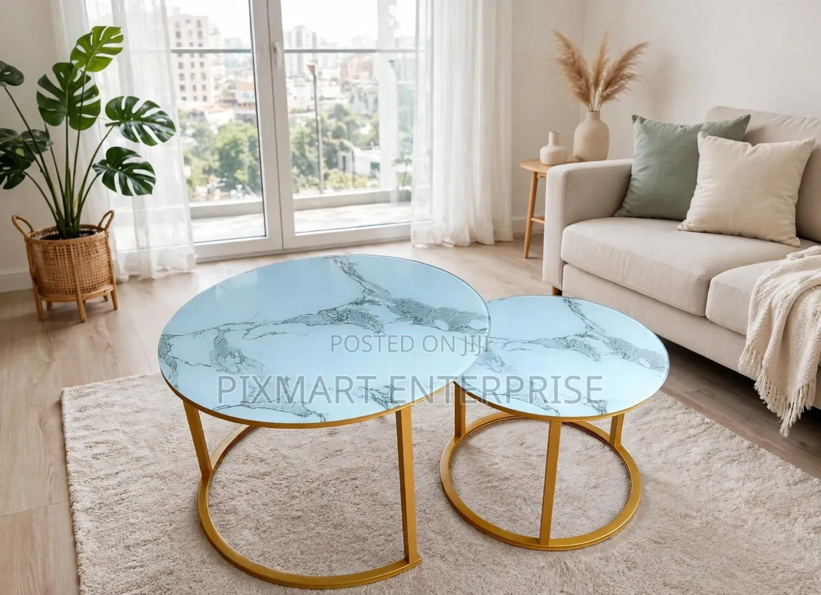 Round Marble Effect Coffee Tables With Gold Metal Base 2 PCS