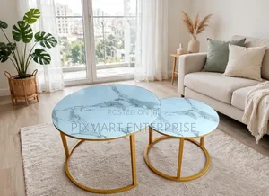 Round Marble Effect Coffee Tables With Gold Metal Base 2 PCS