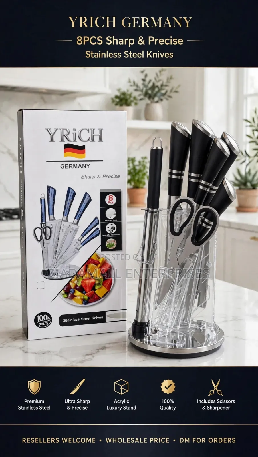 YRICH Germany 8PCS Knife Set - 5 Knives + Scissors + Sharpener + Stand