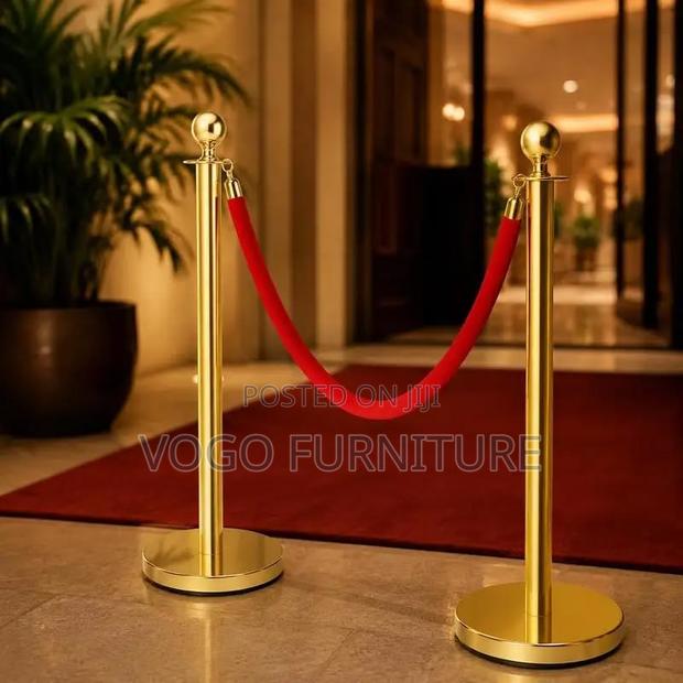 Queue Barrier; Gold Steel Queue Control Post With Red Velvet Rope - thumbnail 2