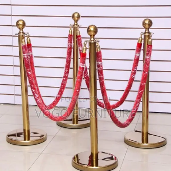 Queue Barrier; Gold Steel Queue Control Post With Red Velvet Rope