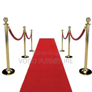 Queue Barrier; Gold Steel Queue Control Post With Red Velvet Rope