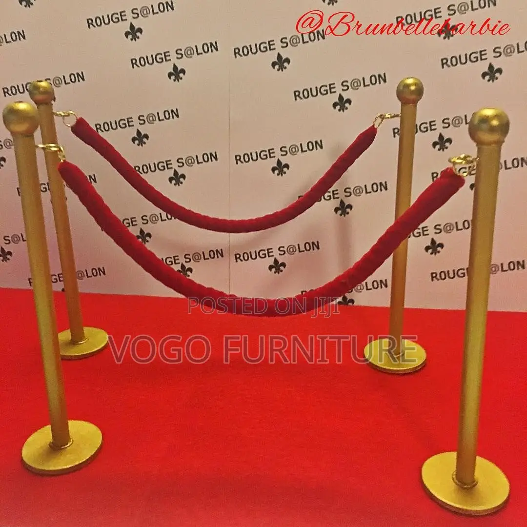 Queue Barrier; Gold Steel Queue Control Post With Red Velvet Rope