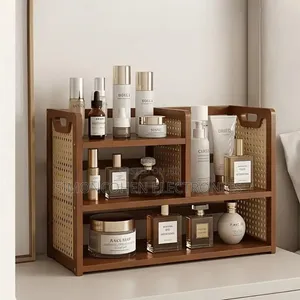 Multi-Tier Wooden Desktop Organizer With Woven Rattan Side Panels
