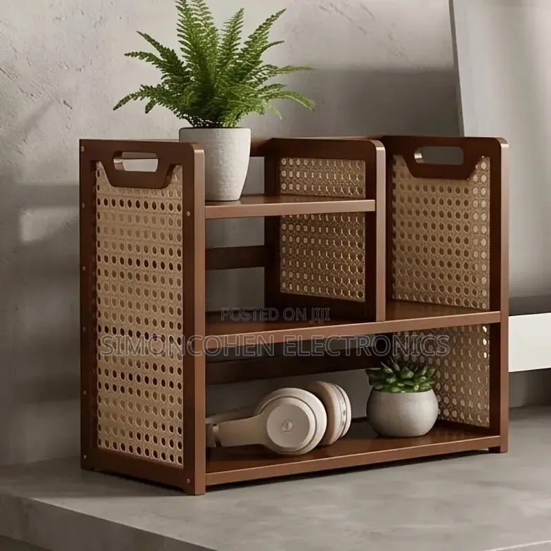 Multi-Tier Wooden Desktop Organizer With Woven Rattan Side Panels