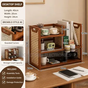 Multi-Tier Wooden Desktop Organizer With Woven Rattan Side Panels