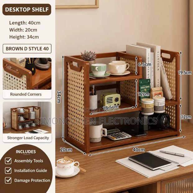 Multi-Tier Wooden Desktop Organizer With Woven Rattan Side Panels - thumbnail 3