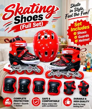 Skating Shoes Full Set Red - Helmet + Guards - Kids & Adults Sizes