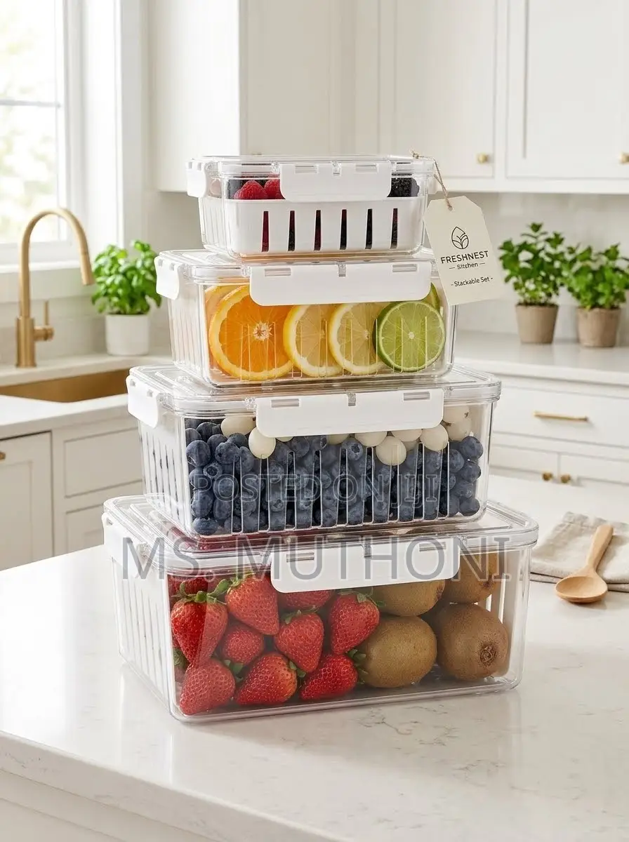 (4 PCs Set ) BPA-free Clear PET Containers Ft Inner Drain Basket.
