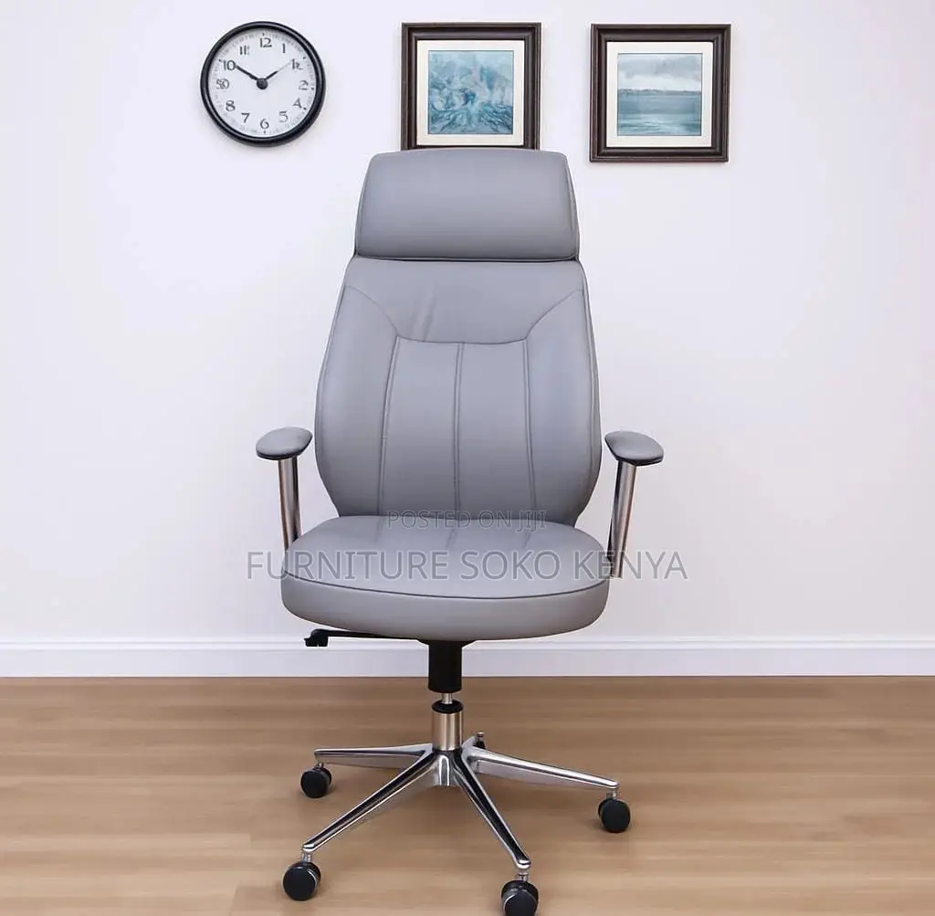 Office Chair : Grey Executive High-Back Leather Office Chair