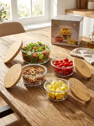 Round  4 PCs Eco-Friendly Glass Containers Ft Airtight Bamboo Lids.