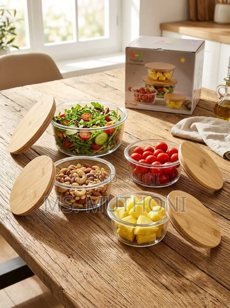 Round  4 PCs Eco-Friendly Glass Containers Ft Airtight Bamboo Lids.